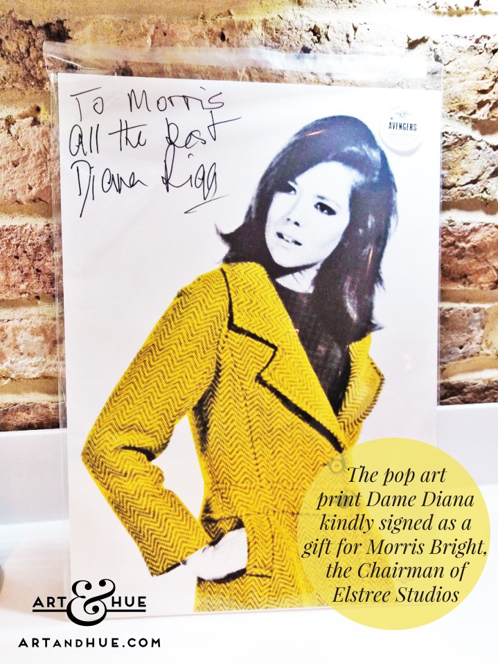 Art & Hue pop art print signed by Dame Diana Rigg as a gift for the Chairman of Elstree Studios Morris Bright