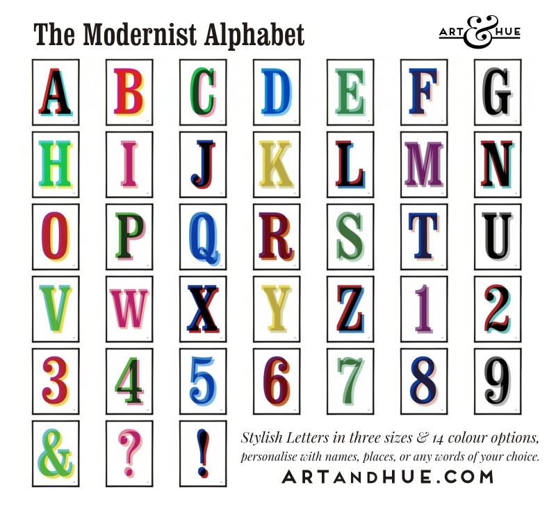 Art & Hue's Modernist Alphabet Prints in 3 sizes & 14 colour options
