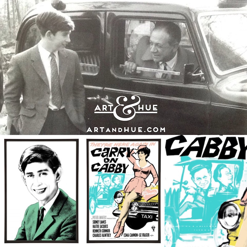Prince Charles visiting the set of Carry On Cabby with Sid James in his taxi