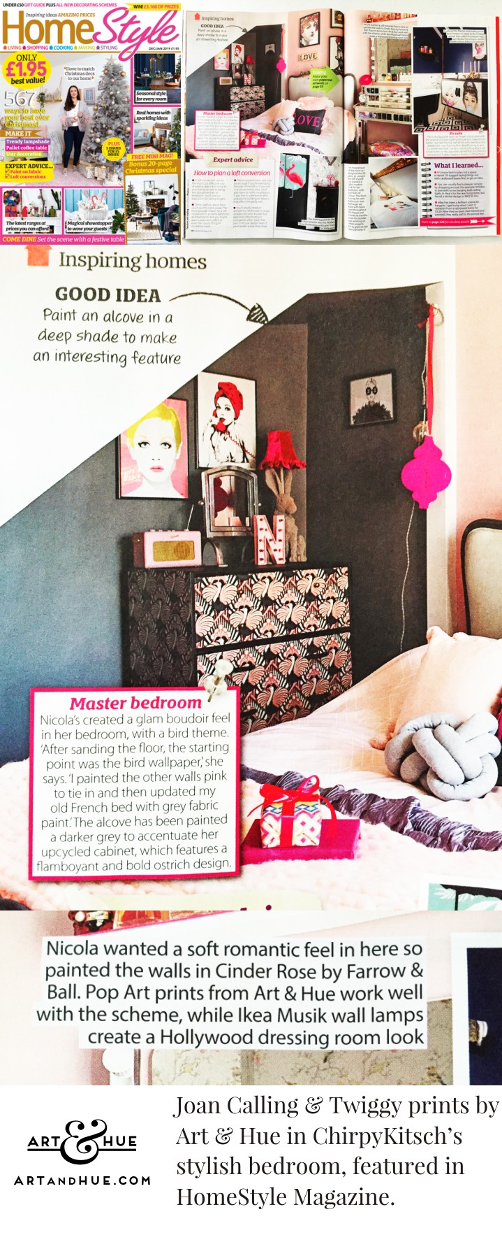 HomeStyle Magazine featuring ChirpyKitschs bedroom with Art & Hue prints