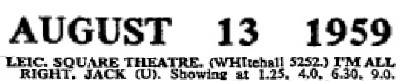 Cinema listing 60 years ago for I'm All Right Jack