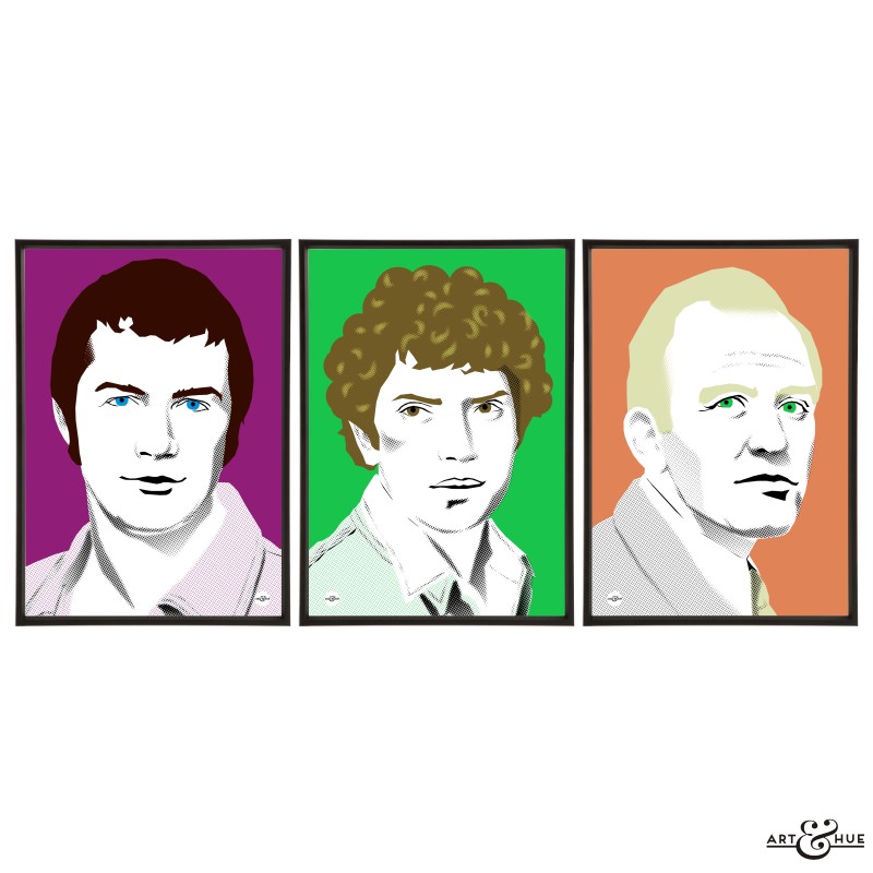 Trio of 1970s cops prints illustrated by Art & Hue with The Professionals Lewis Collins, Martin Shaw & Gordon Jackson