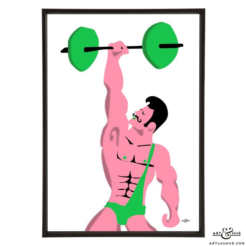 Pumping Iron stylised weightlifter illustration print by Art & Hue