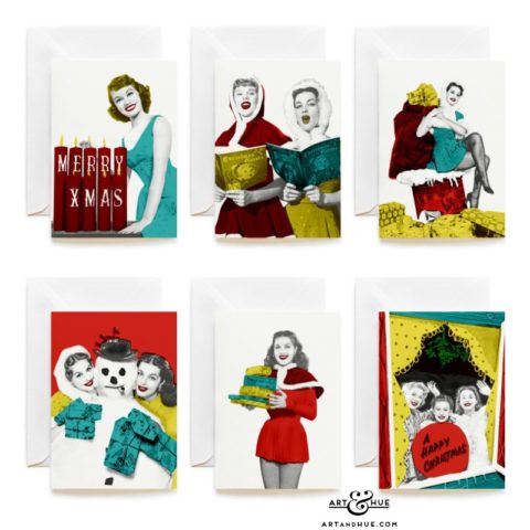 Group of 6 stylish Christmas Cards featuring studio starlets