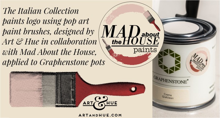 The Mad About the House paint label, designed by Art & Hue, applied to Graphenstone paint pots