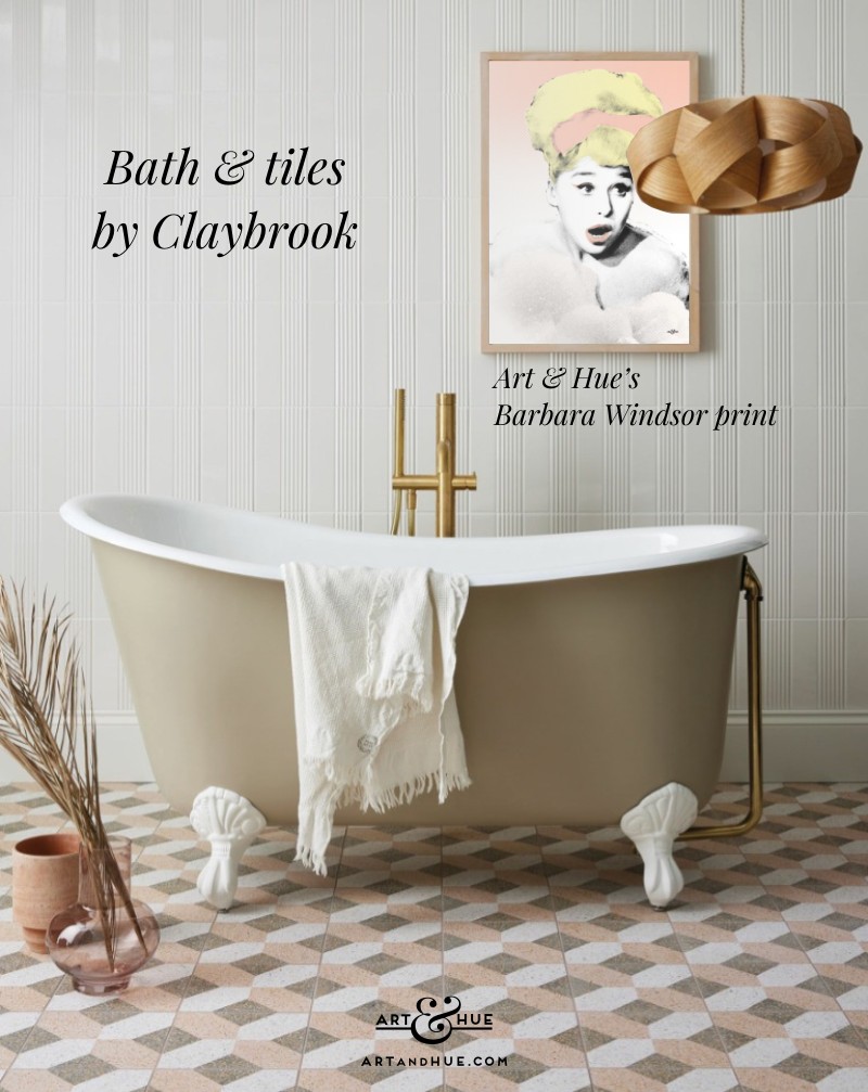 Claybrook bathroom tiles & bath with Barbara Windsor print by Art & Hue