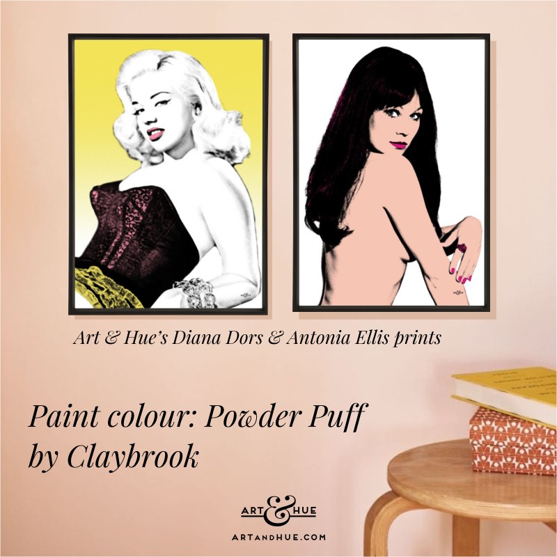 Claybrook Powderpuff paint colour with Diana Dors & Antonia Ellis prints by Art & Hue